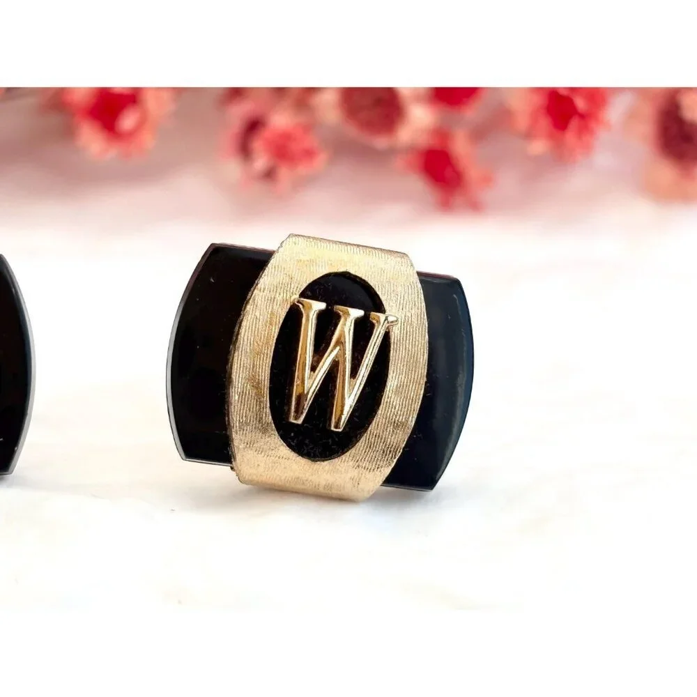 Swank Signed Black & Gold Toned W Emblem 80's Retro Square Vintage Cufflinks